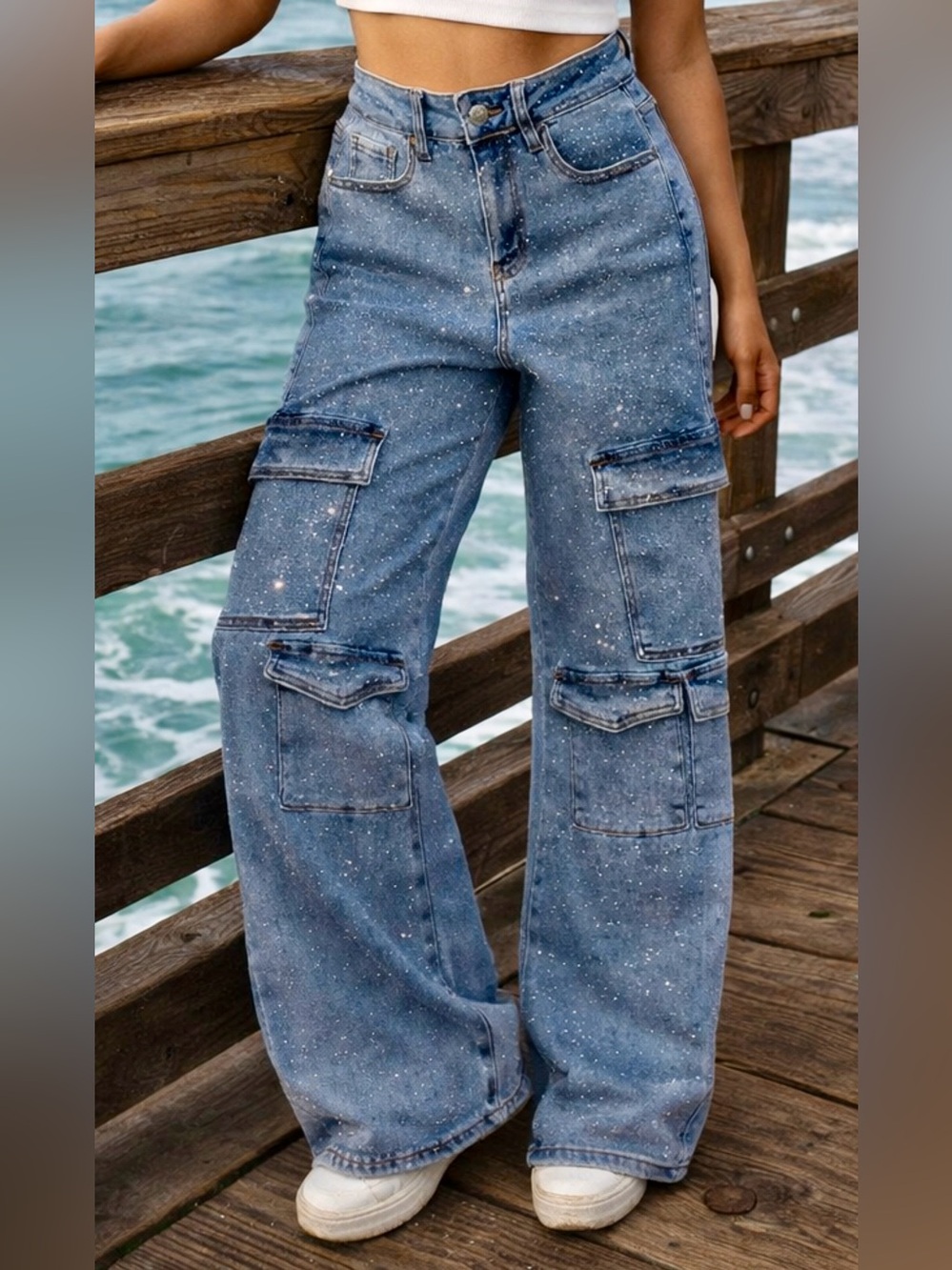 Full Stone Embellished Cargo Denim Pants
